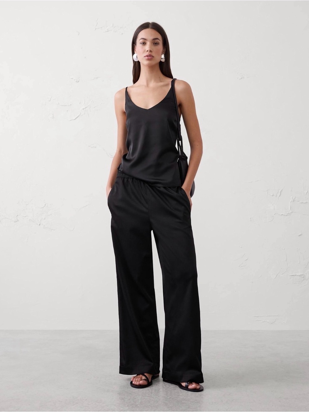 Banana Republic Black Wide Leg Pull On Pants Size M High Rise Dress Trousers